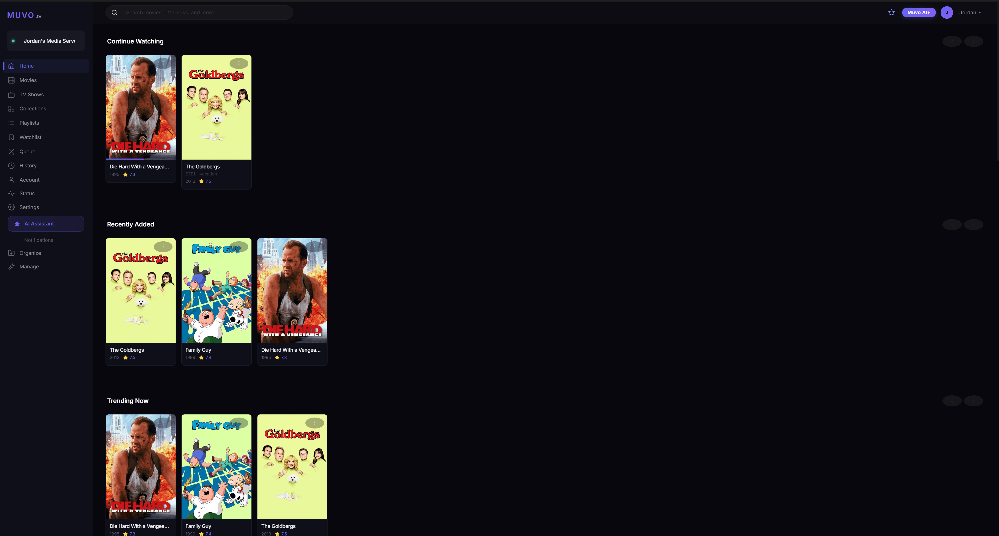 Muvo Home: Continue Watching, recently added, and Scout in the sidebar