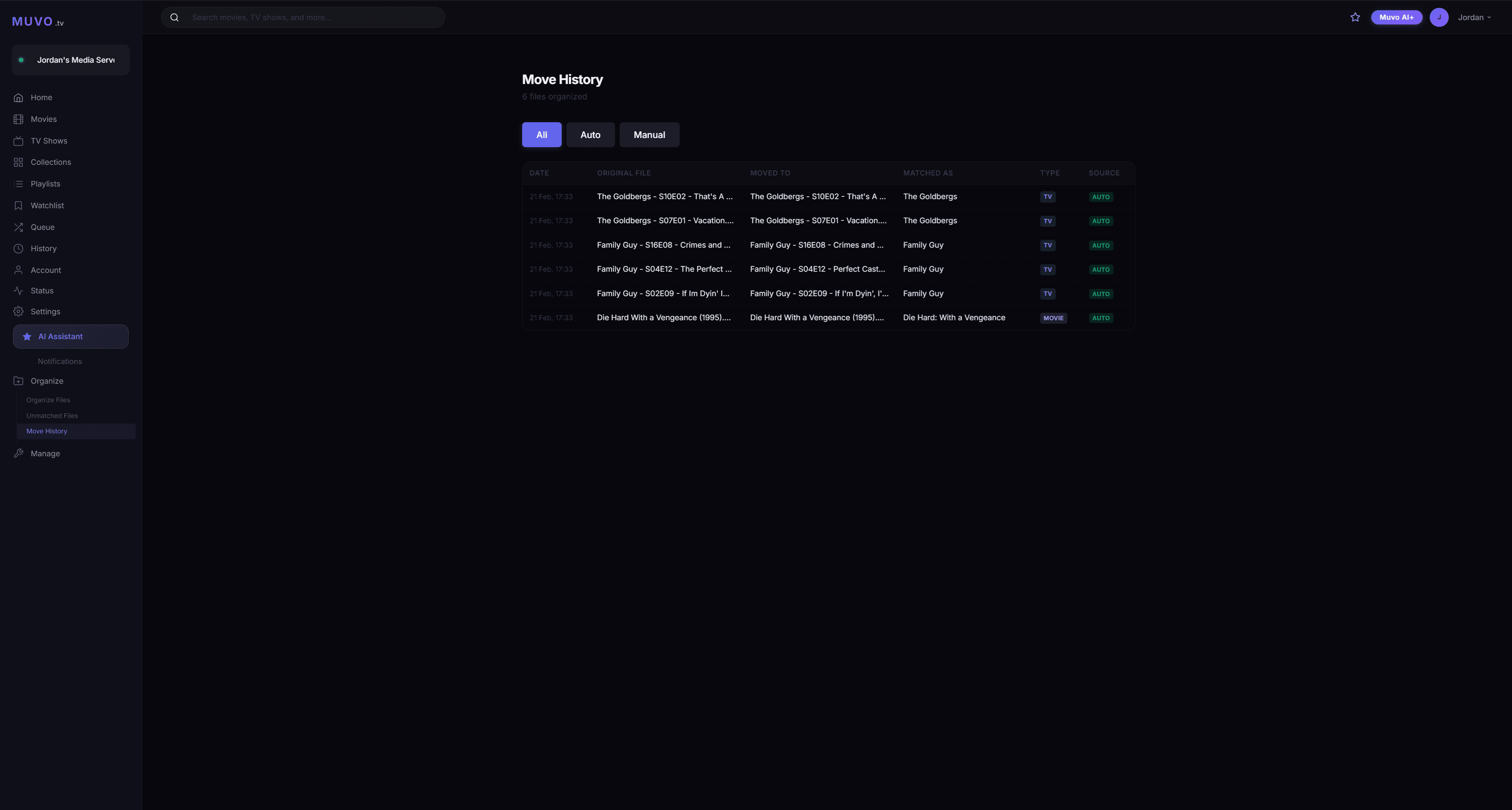 Move History of files matched and filed into Movies and TV Shows